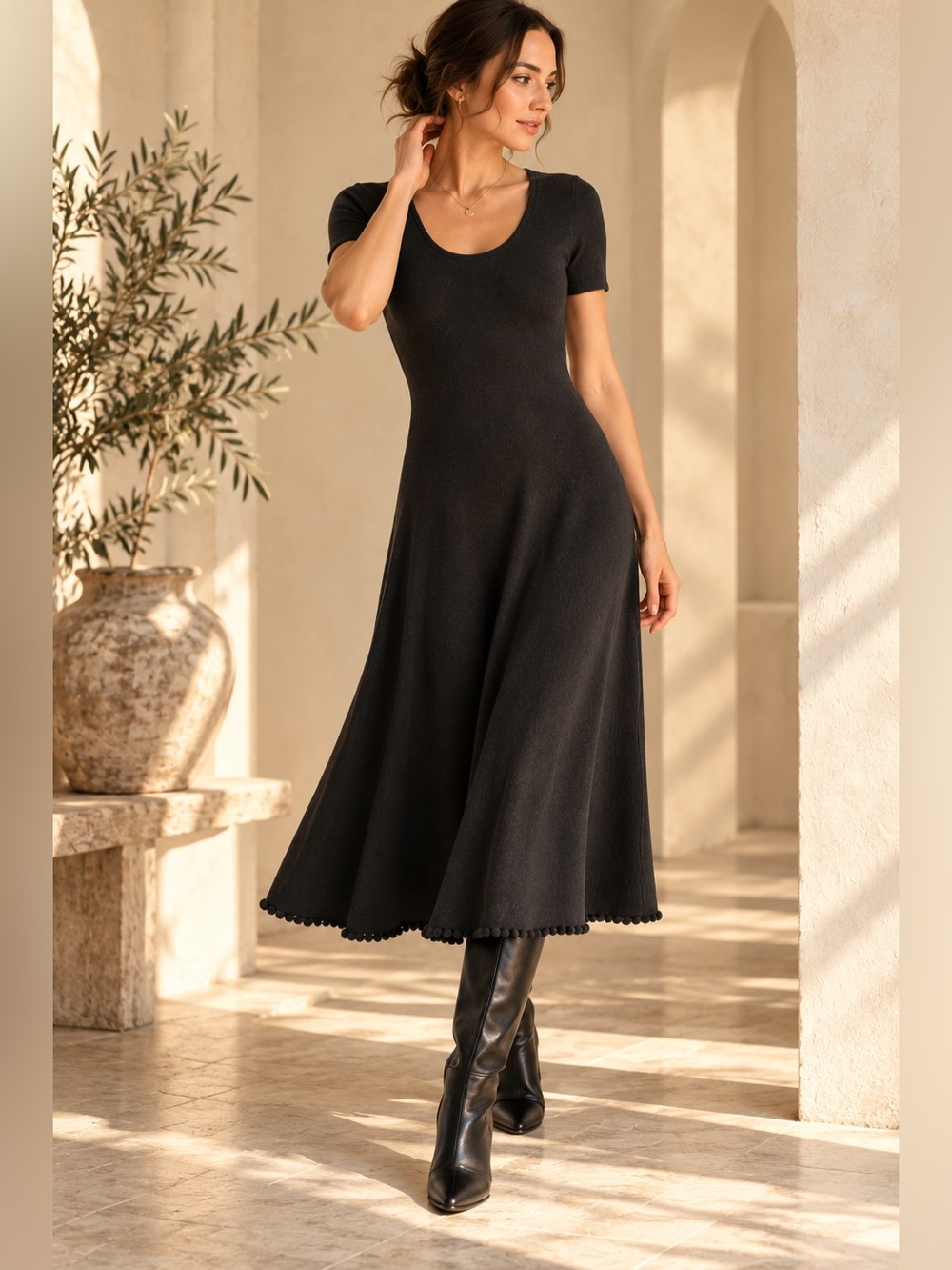 TSE Cashmere Midi Dress • Grey A-Line • Scoop Neck • Size M